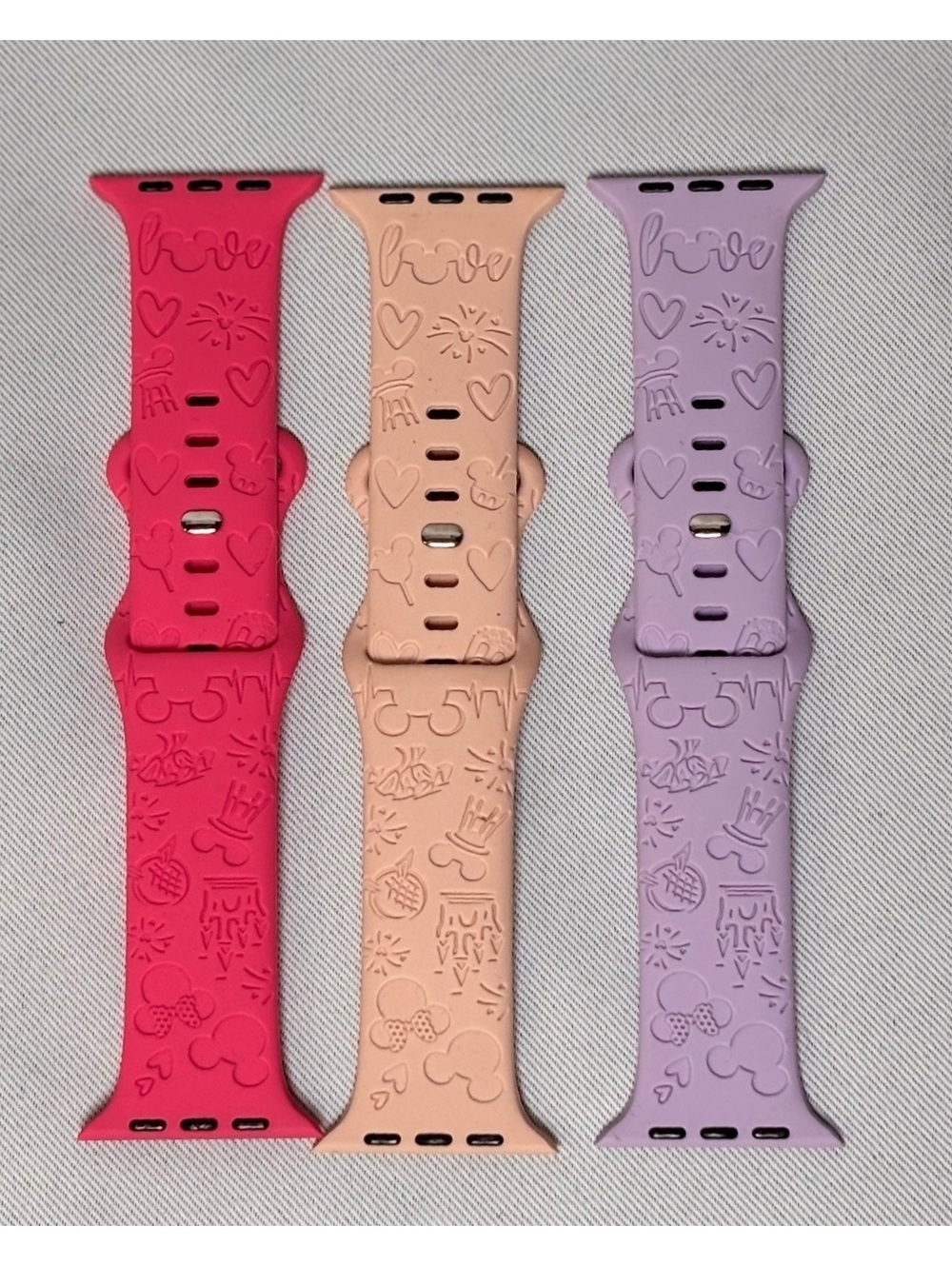 Set of 3 Silicone Watch Bands with Embossed Heart and Icon Design